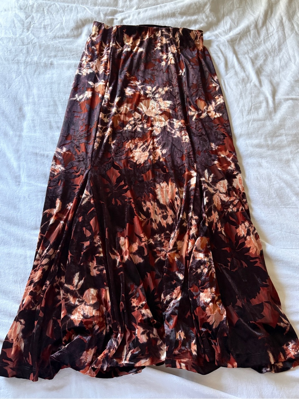 Liverpool Floral Velvet Maxi Skirt in Burgundy and Rust Tones